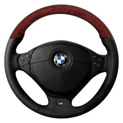 B&I® AW1136L002-DDB – Basic Design 3 Spokes Black Leather Steering Wheel with Dark Burlwood Grip