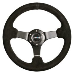 NRG Innovations® – 3-Spoke Black Reinforced Steering Wheel with Black Matte Spokes and Criss Cross Stitching