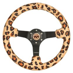 NRG Innovations® – 3-Spoke Savage Inspired Black Reinforced Steering Wheel with Leopard Vegan Printed Fabric