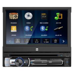 Dual® XDVD176BT – 7″ Touchscreen Display Single DIN Multimedia DVD Receiver with Bluetooth, Rear Camera Connectivity, Steering Wheel Control